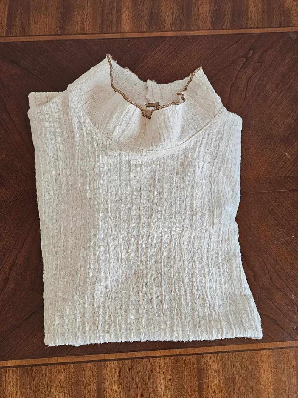 Free People Cream Textured Puff-Sleeve Mock Neck Top, Women's Medium